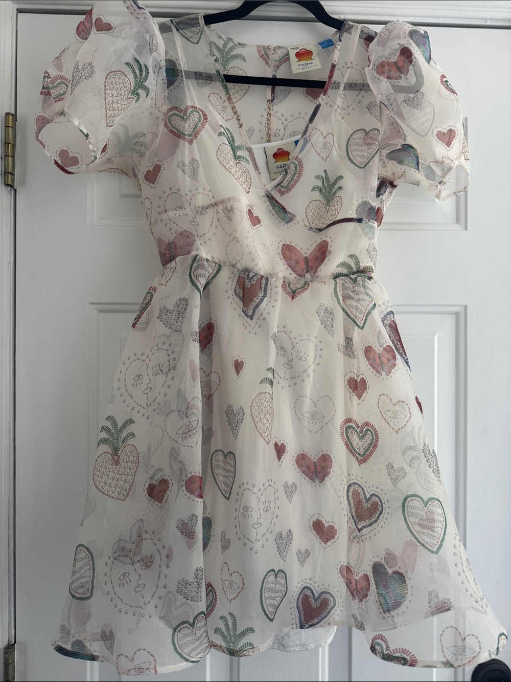 Farm Rio x Anthropologie Welcome to Rio Organza Puff Sleeve Heart Mini Dress S